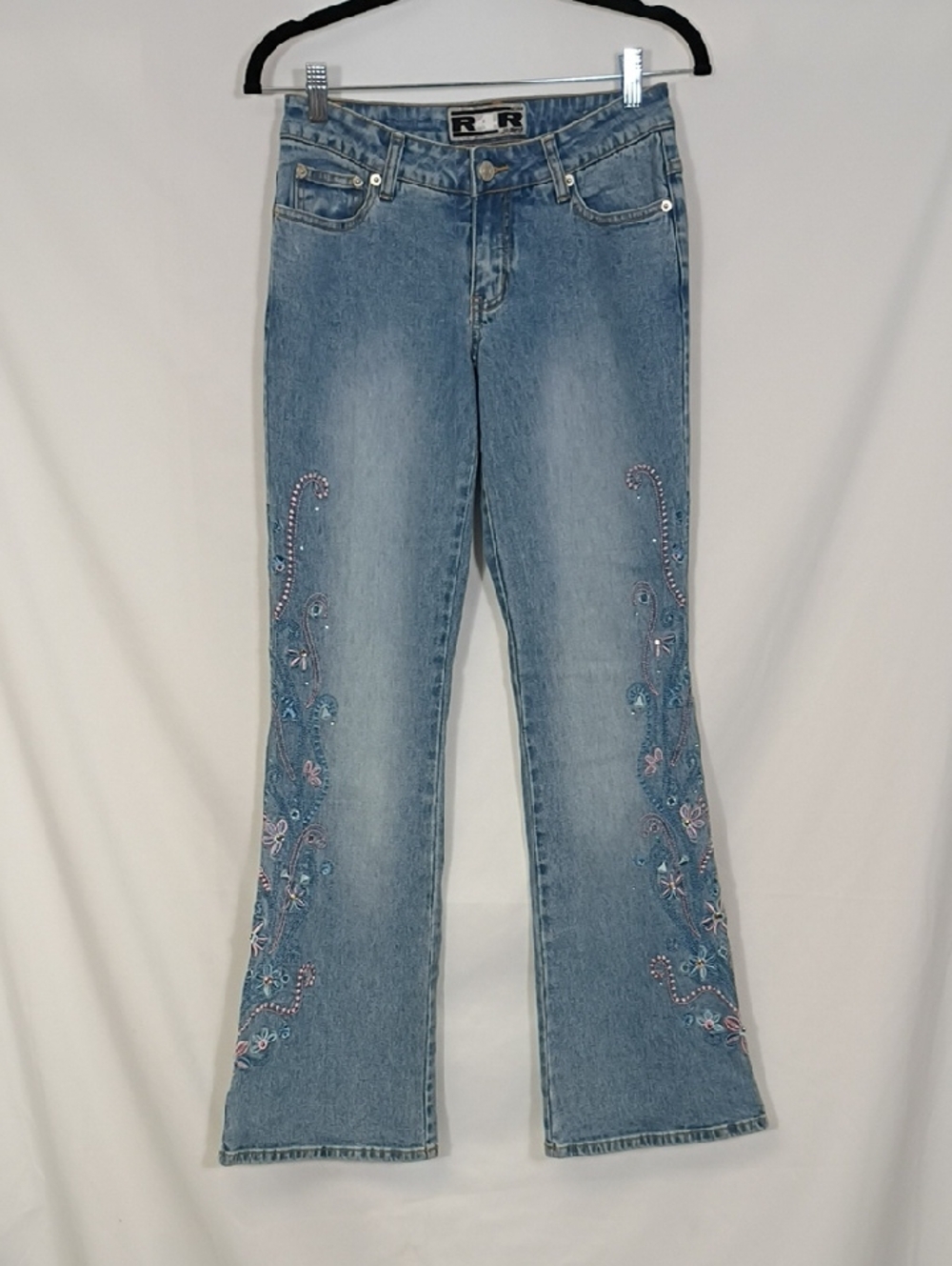 VTG Y2K Rave R4R Jeans Women Sz 3 Denim Floral Embellished Sequins Rhinestones